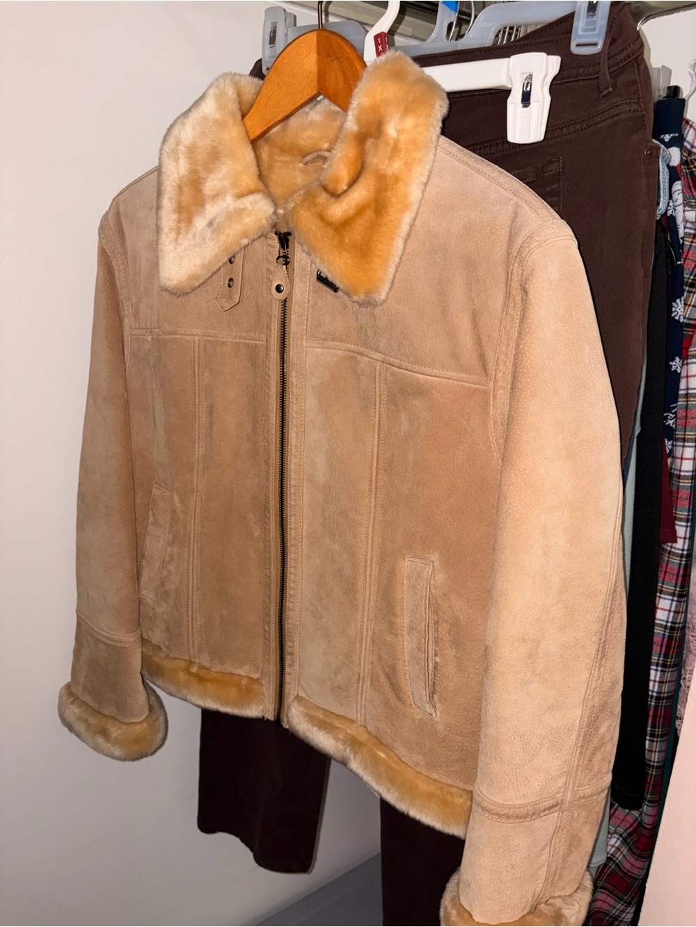 Tan Suede Shearling Zip Jacket with Faux Fur Trim